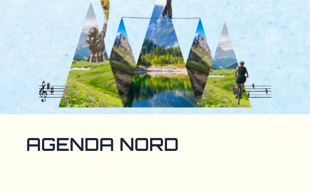 Grafica con paesaggi montani e attività culturali integrate in forme triangolari, tra cui una funambola, una ciclista e statue storiche, con la scritta “Agenda Nord” e un pulsante “Leggi di più”. L’immagine promuove progetti educativi legati alla didattica digitale e all’innovazione didattica, con attenzione a strumenti didattici digitali e attività STEM nel contesto territoriale del Nord Italia.