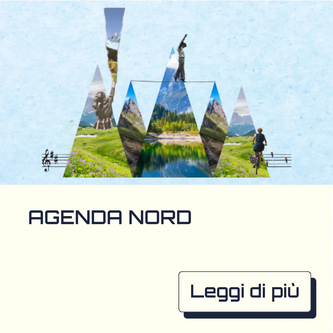 Grafica con paesaggi montani e attività culturali integrate in forme triangolari, tra cui una funambola, una ciclista e statue storiche, con la scritta “Agenda Nord” e un pulsante “Leggi di più”. L’immagine promuove progetti educativi legati alla didattica digitale e all’innovazione didattica, con attenzione a strumenti didattici digitali e attività STEM nel contesto territoriale del Nord Italia.