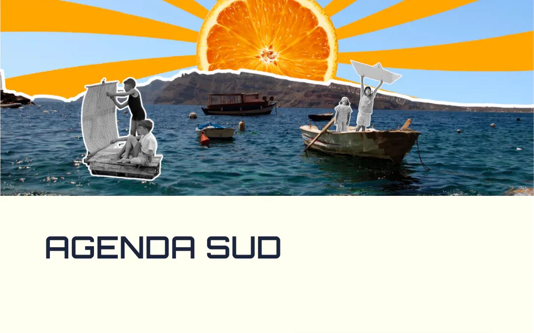 Collage con mare, barche, bambini in bianco e nero e un sole arancione stilizzato a forma di fetta d’arancia, con la scritta “Agenda Sud” e un pulsante “Leggi di più”. L’immagine promuove iniziative educative nel Sud Italia, legate alla didattica digitale, all’innovazione didattica e all’utilizzo di strumenti didattici digitali per attività STEM inclusive e territorialmente mirate.