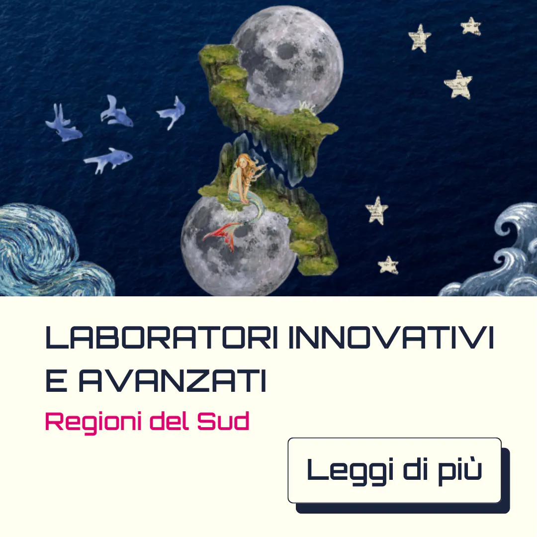 Illustrazione onirica con lune, onde, stelle e una sirena seduta su un pianeta, accompagnata dalla scritta “Laboratori innovativi e avanzati – Regioni del Sud” e il pulsante “Leggi di più”. L’immagine promuove la creazione di ambienti educativi avanzati nel Sud Italia, legati alla didattica digitale, ai laboratori STEM e all’uso di strumenti didattici digitali per l’innovazione didattica.