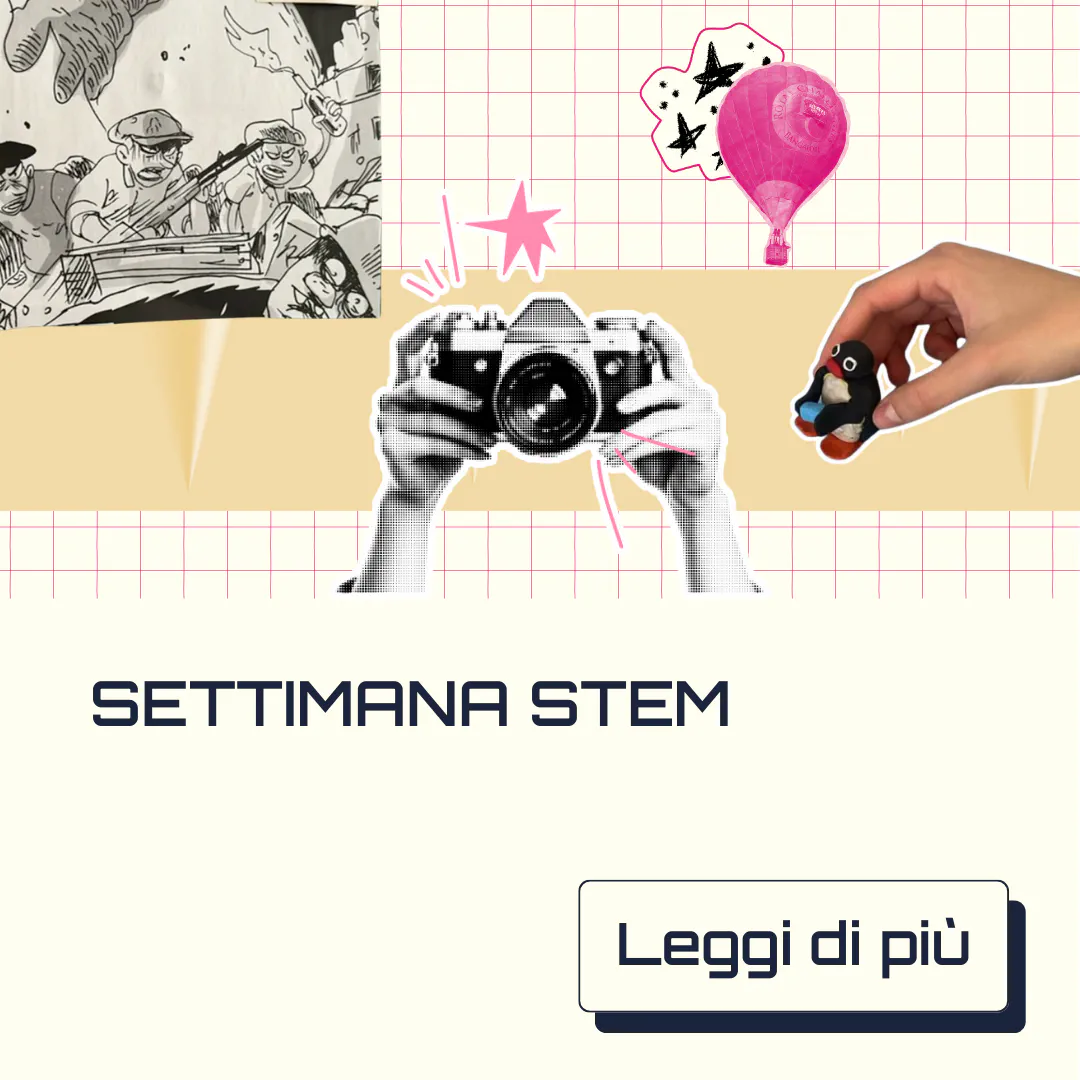 Collage creativo con macchina fotografica, disegni, mongolfiera rosa e una mano che tiene un pupazzetto, su sfondo a griglia con la scritta “Settimana STEM” e pulsante “Leggi di più”. L’immagine rappresenta le attività laboratoriali e sperimentali della Settimana STEM, promuovendo la didattica digitale, le metodologie didattiche innovative e l’utilizzo di strumenti didattici digitali per l’apprendimento creativo e multidisciplinare.