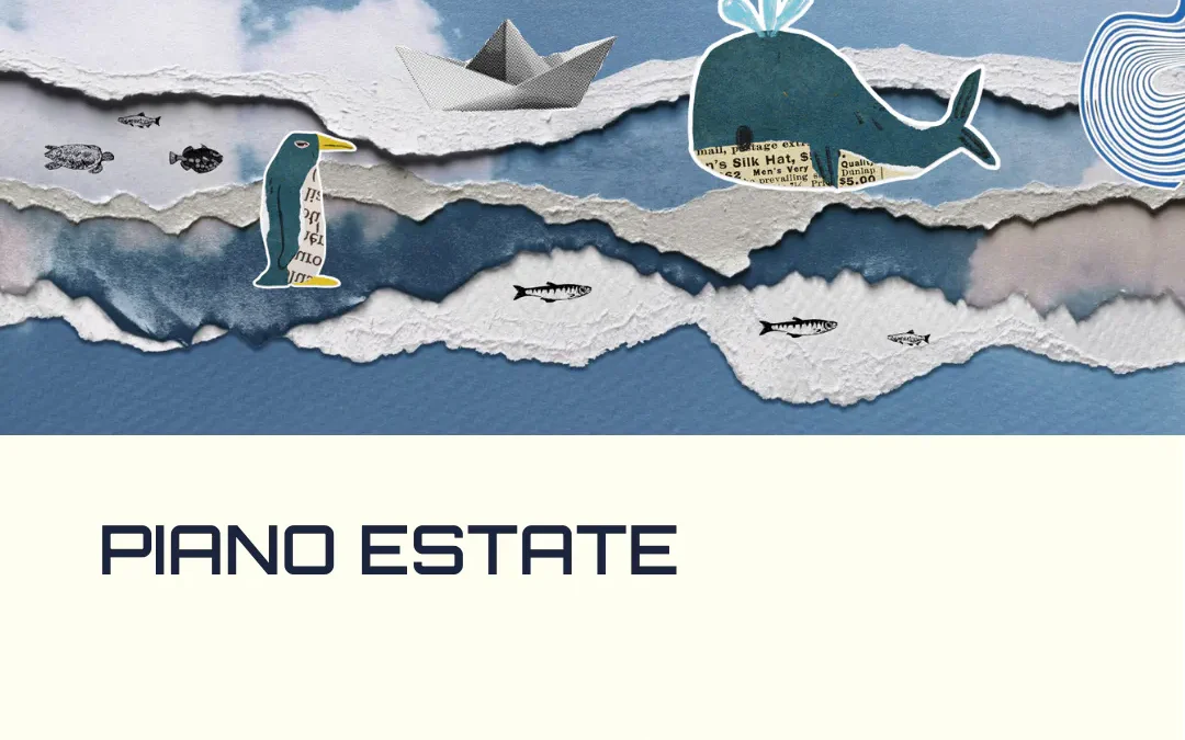 Collage marino con balena, pinguino, pesci, barchetta di carta e sole, su strati di carta strappata che rappresentano il mare e il cielo, accompagnato dalla scritta “Piano Estate” e il pulsante “Leggi di più”. L’immagine richiama le attività estive delle scuole promosse dal Piano Estate MIUR, valorizzando la didattica digitale, le attività STEM e l’uso di strumenti didattici digitali in un contesto di apprendimento innovativo e creativo.